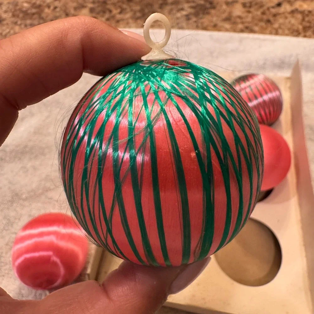 Vintage 1960s Shiny Brite Christmas Ornaments Pink Satin Green Stripes  MCM